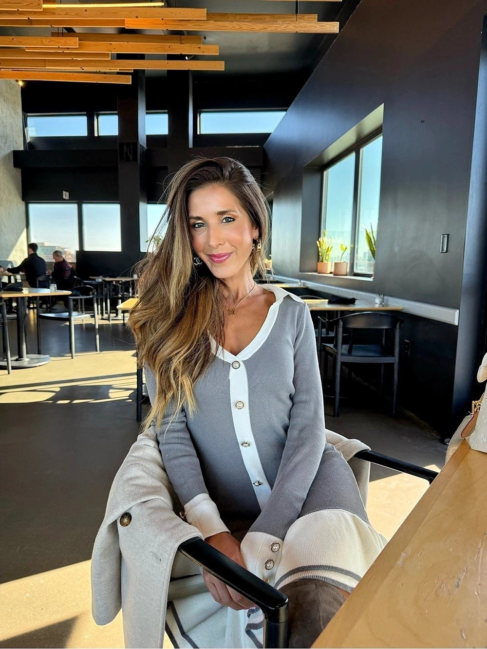 Gray & White V-Neck Cardigan Pleated Dress